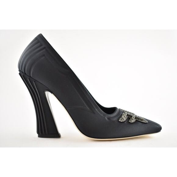 Fendi Freedom Black Embellished Crystal FF Logo Satin Square Toe Heel Pump 39.5 - Picture 3 of 12